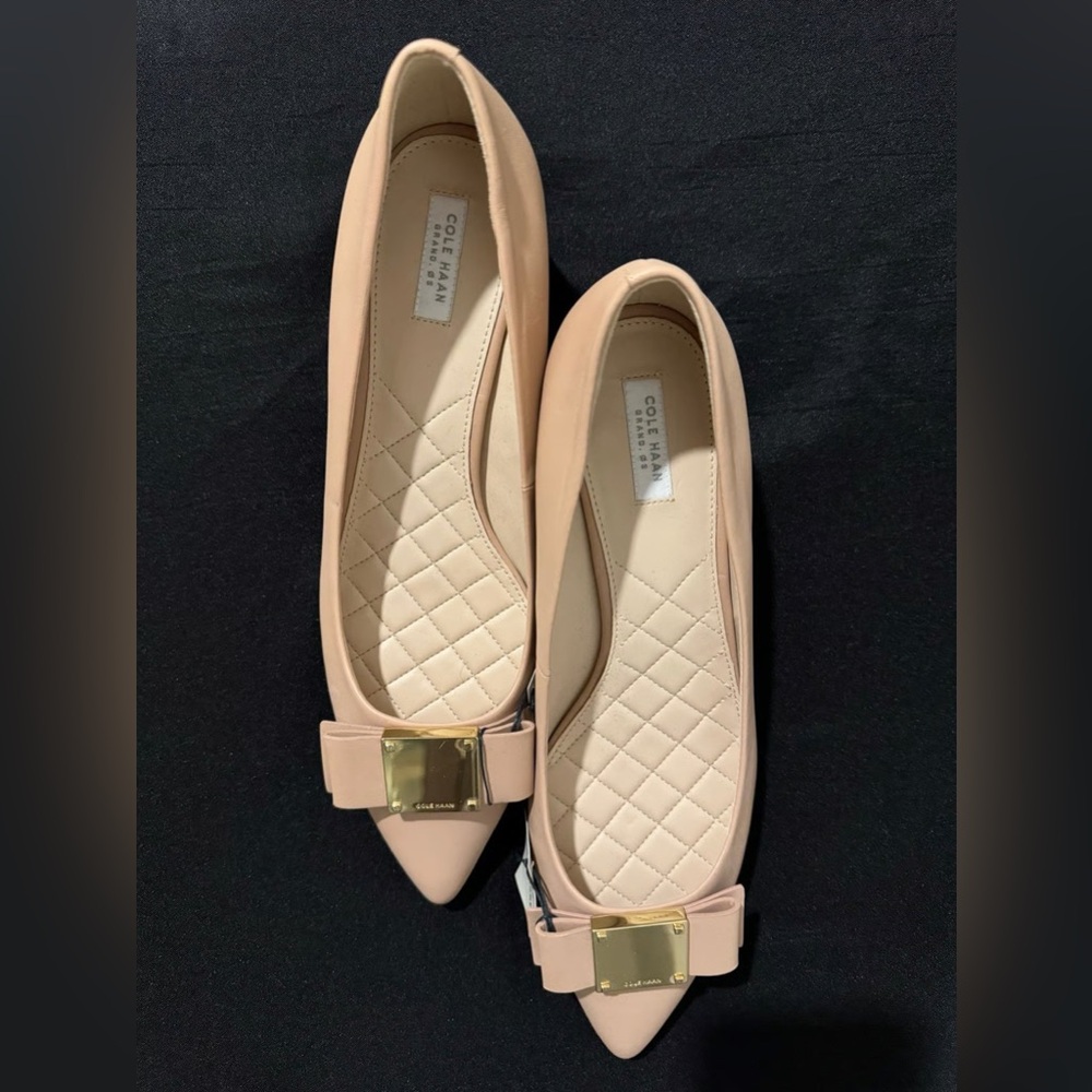Cole Haan Tali Beige Pointed Flats with Gold Accent